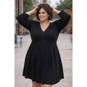 Maeve by Anthropologie Black Masse Smocked V-neck Long Sleeve Dress Women's L